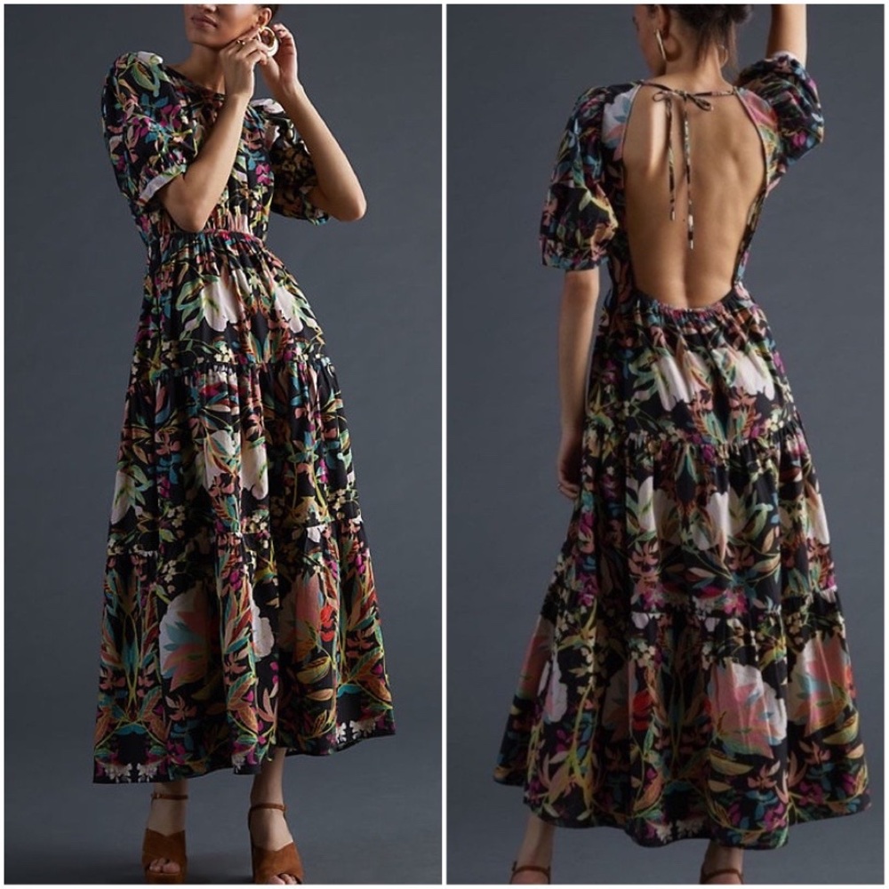 NEW Anthropologie Floral Tiered Backless Maxi Dress Puff Sleeves Cotton Black XL